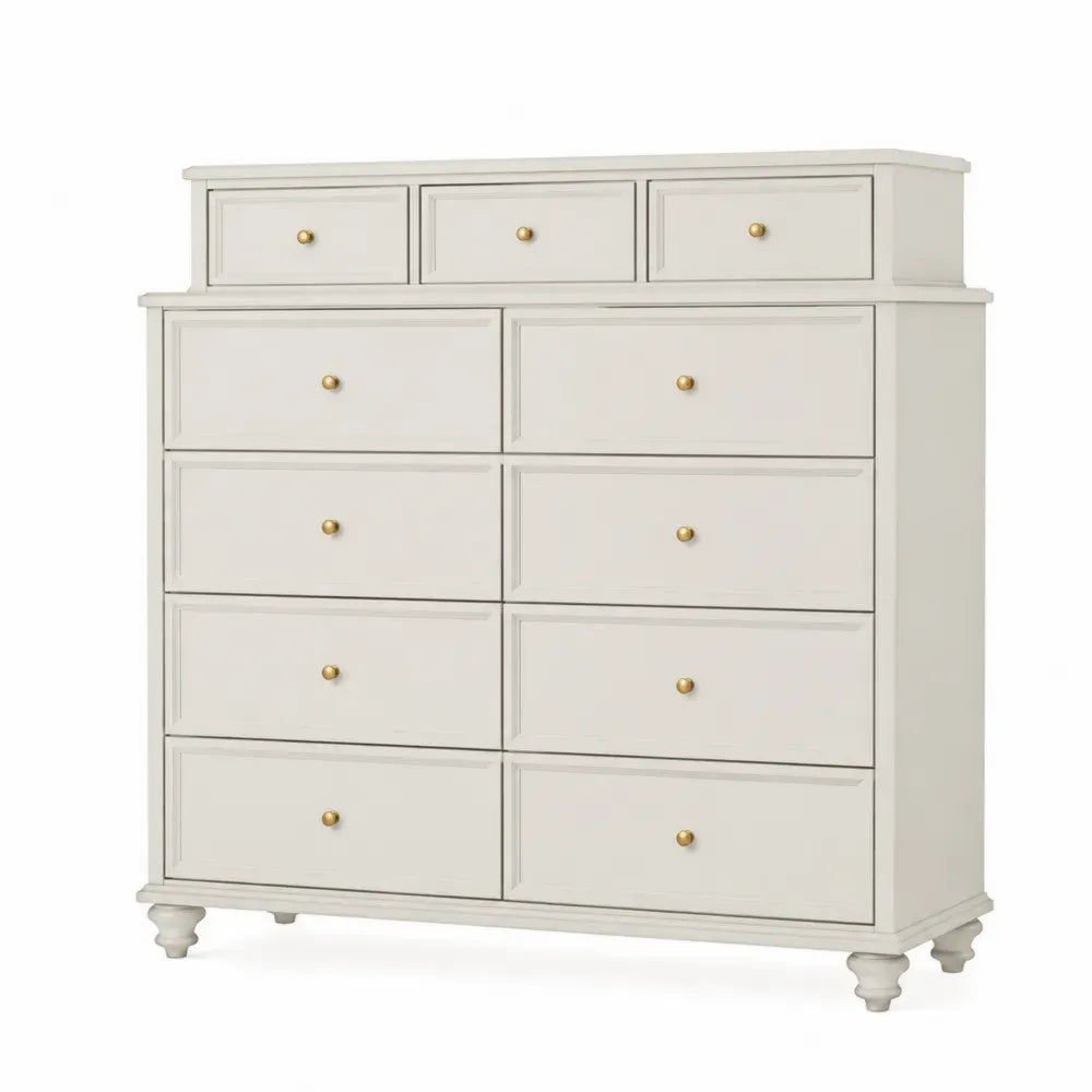 Cómoda de madera MDF lacada blanca con 11 cajones tiradores metálicos dorados 120 x 40 x 110 cm estructura rectangular con patas de madera