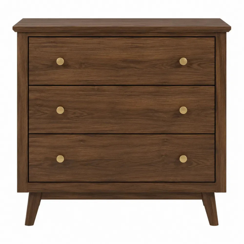 Cómoda de madera MDF efecto nogal con 3 cajones tiradores metálicos dorados patas de madera maciza 80 x 40 x 80 cm estructura rectangular