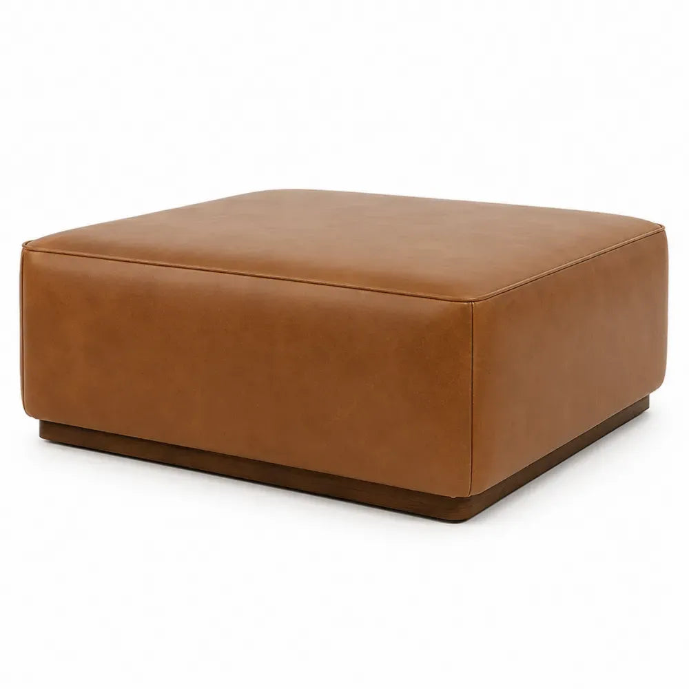 reposapiés tapizado en cuero sintético PU marrón 80x80x35 cm estructura de madera base baja asiento acolchado cuadrado