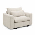 sofá individual ancho tapizado en bouclé crema claro con brazos rectos cojines sueltos y patas negras 160 x 90 x 75 cm