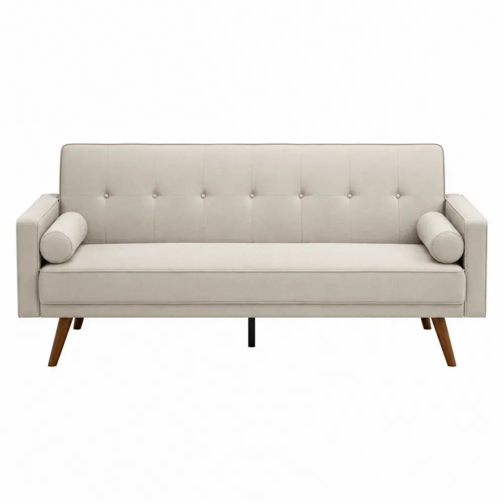 sofá de 3 plazas tapizado en tejido de poliéster crema claro con respaldo capitoné cojines cilíndricos y patas de madera 180 x 90 x 80 cm