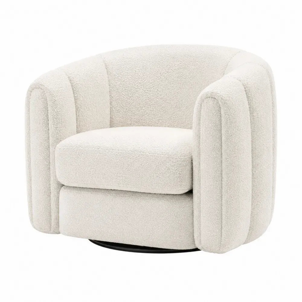 Sillón giratorio tapizado en tejido bouclé color blanco crema con base de acero negro 82 x 78 x 74 cm