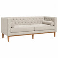 sofá de 3 plazas tapizado poliéster beige respaldo capitoné patas de madera longitud 200 cm anchura 85 cm altura 80 cm con cojín cilíndrico