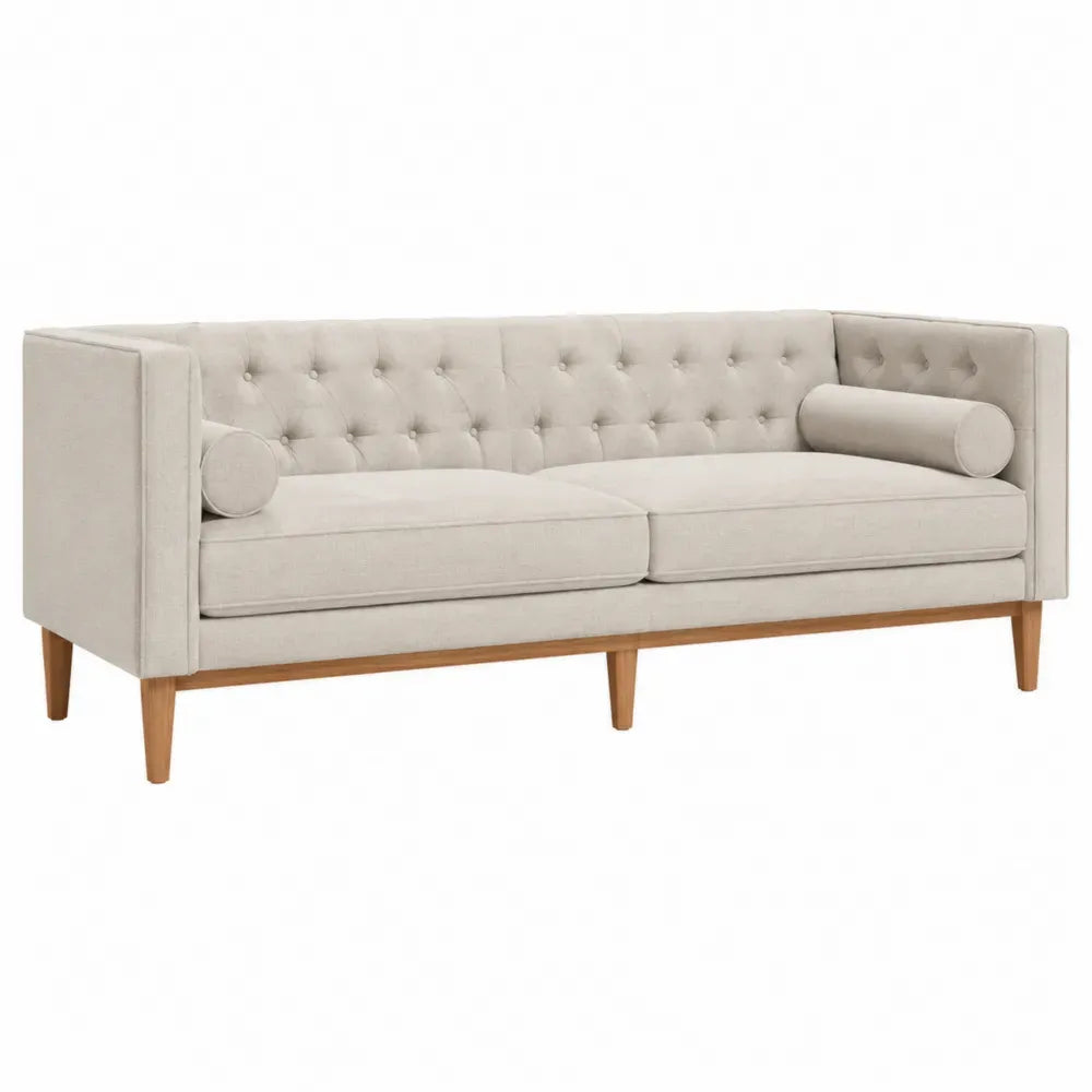 sofá de 3 plazas tapizado poliéster beige respaldo capitoné patas de madera longitud 200 cm anchura 85 cm altura 80 cm con cojín cilíndrico