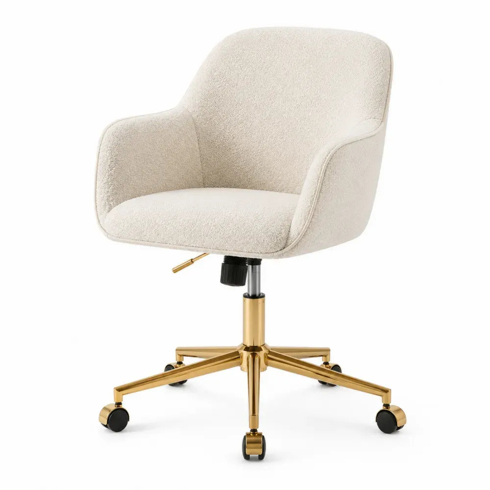 silla giratoria de oficina con ruedas tapizada en tejido bouclé crema base metálica dorada ajustable 78-88 cm alto 60 cm ancho 60 cm profundidad estructura de acero con elevación de gas