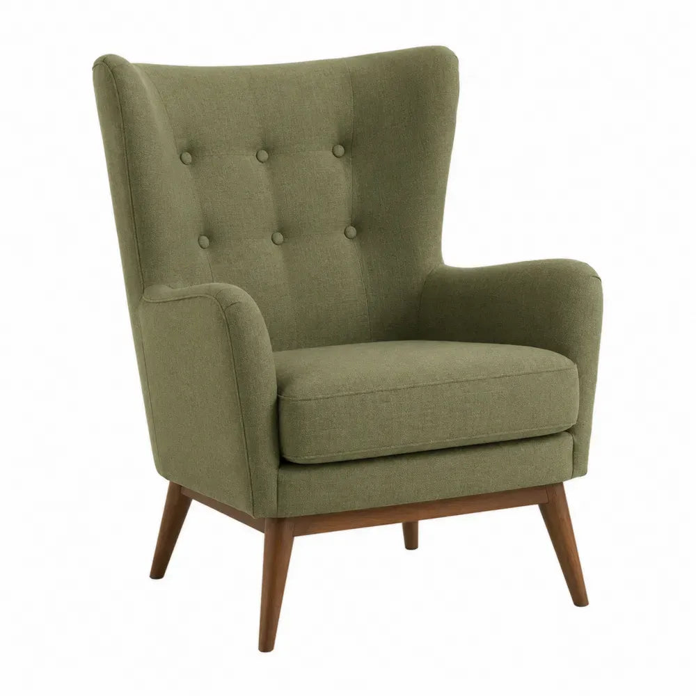 Sillón individual tapizado en tejido verde oliva con respaldo capitoné y patas de madera maciza estilo moderno sin dimensiones especificadas