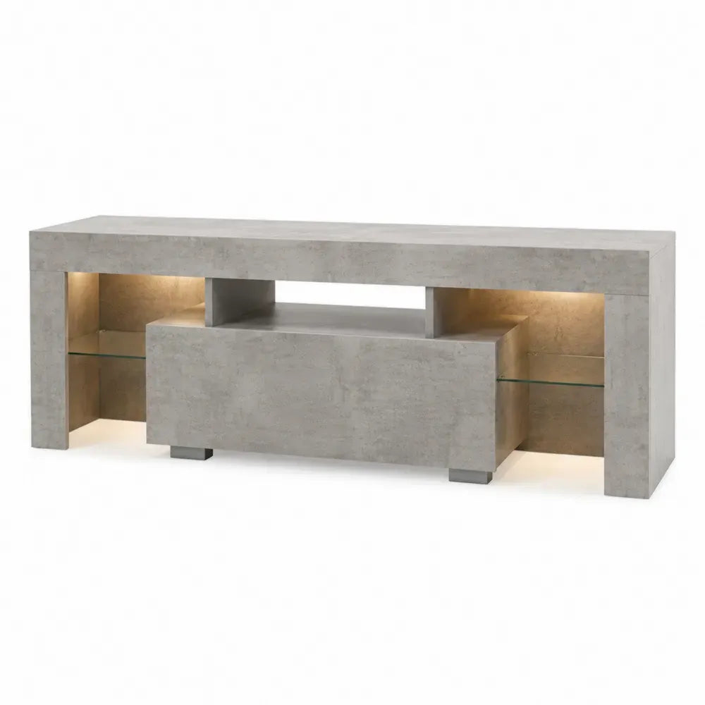 mueble para TV de MDF efecto cemento gris con estantes de vidrio templado iluminación lateral y módulo central 160 x 40 x 55 cm