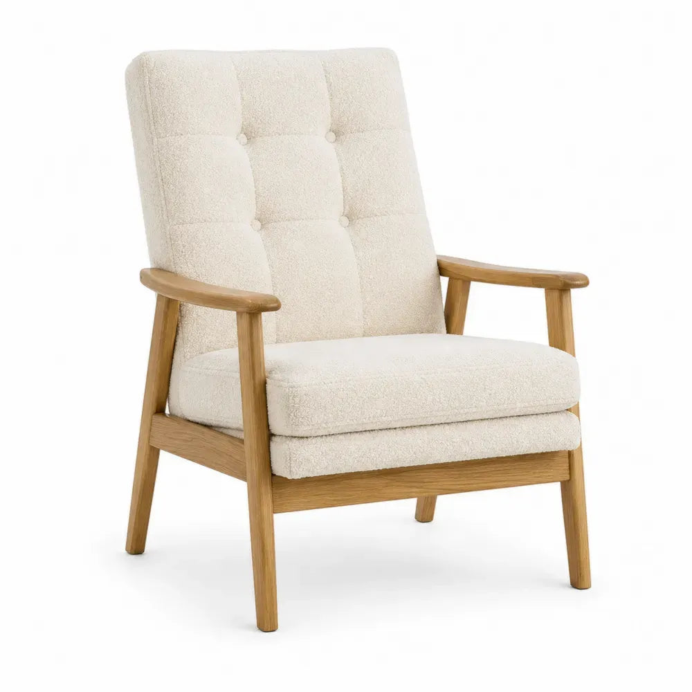 sillón individual tapizado en bouclé crema con estructura de madera de fresno y reposabrazos curvos 74 x 72 x 86 cm