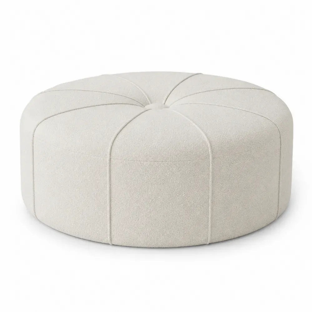 reposapiés puff redondo tapizado tejido bouclé poliéster beige claro 80 cm estructura MDF y espuma de poliuretano