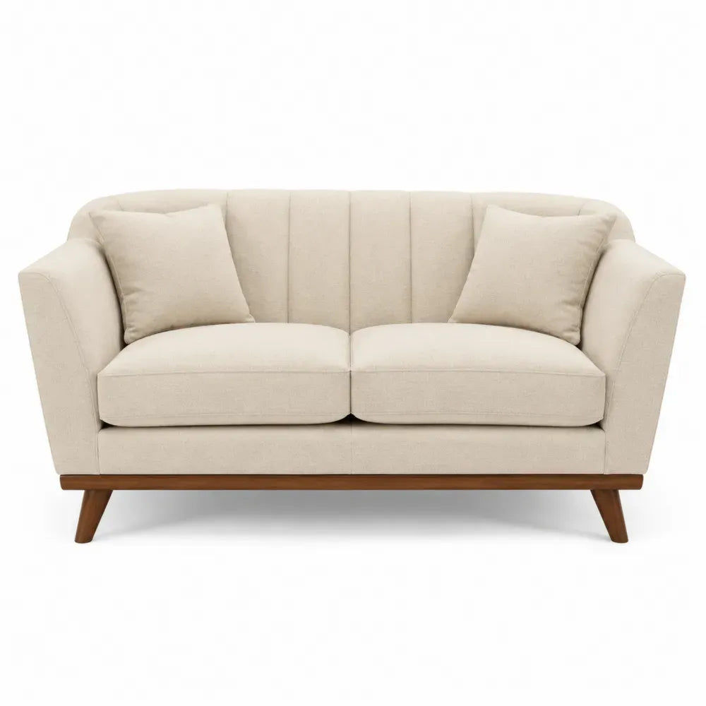 sofá de 2 plazas tapizado en tejido de poliéster crema claro con respaldo acanalado cojines sueltos y patas de madera 200 x 90 x 85 cm