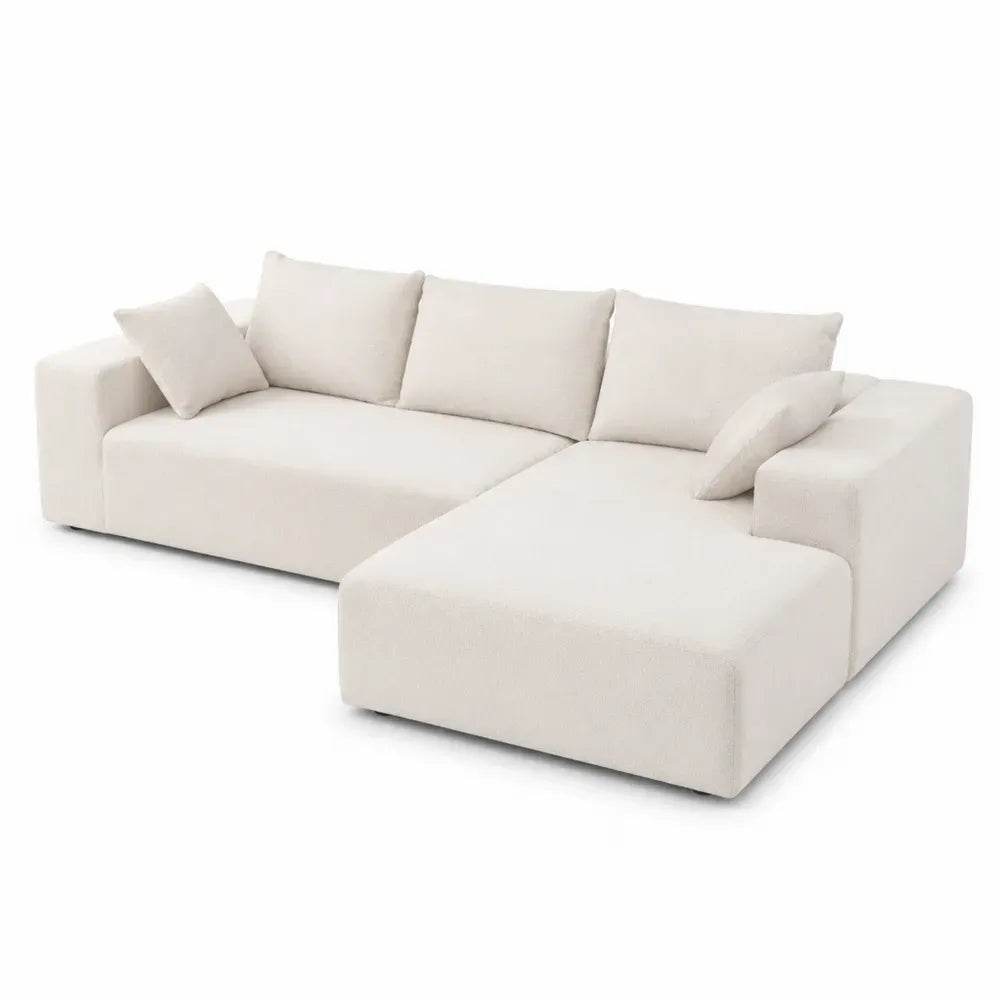 sofá modular chaise longue 4 plazas tapizado poliéster beige forma L longitud 280 cm anchura 165 cm altura 85 cm estructura madera maciza espuma alta densidad