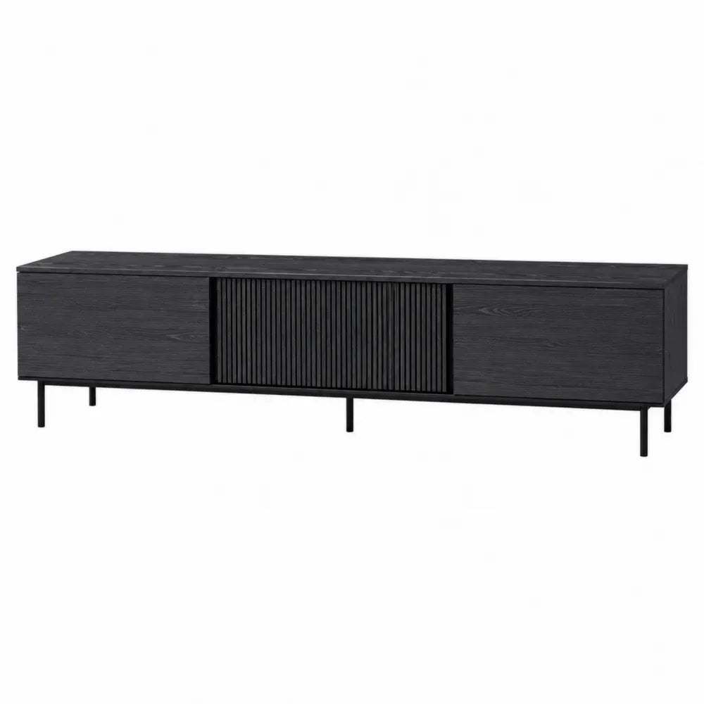 mueble de TV 180 cm madera MDF efecto negro con puertas correderas ranuradas patas metálicas negro diseño rectangular moderno