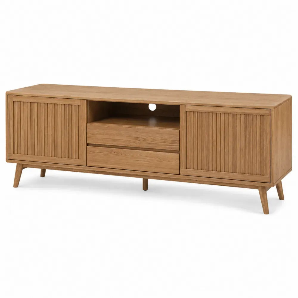 mueble para TV 180 cm largo 40 cm ancho 55 cm alto en MDF con chapa efecto roble color madera natural con puertas acanaladas y cajones