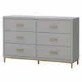 Cómoda de MDF gris con 6 cajones tiradores metálicos dorados 140 x 40 x 75 cm estructura rectangular