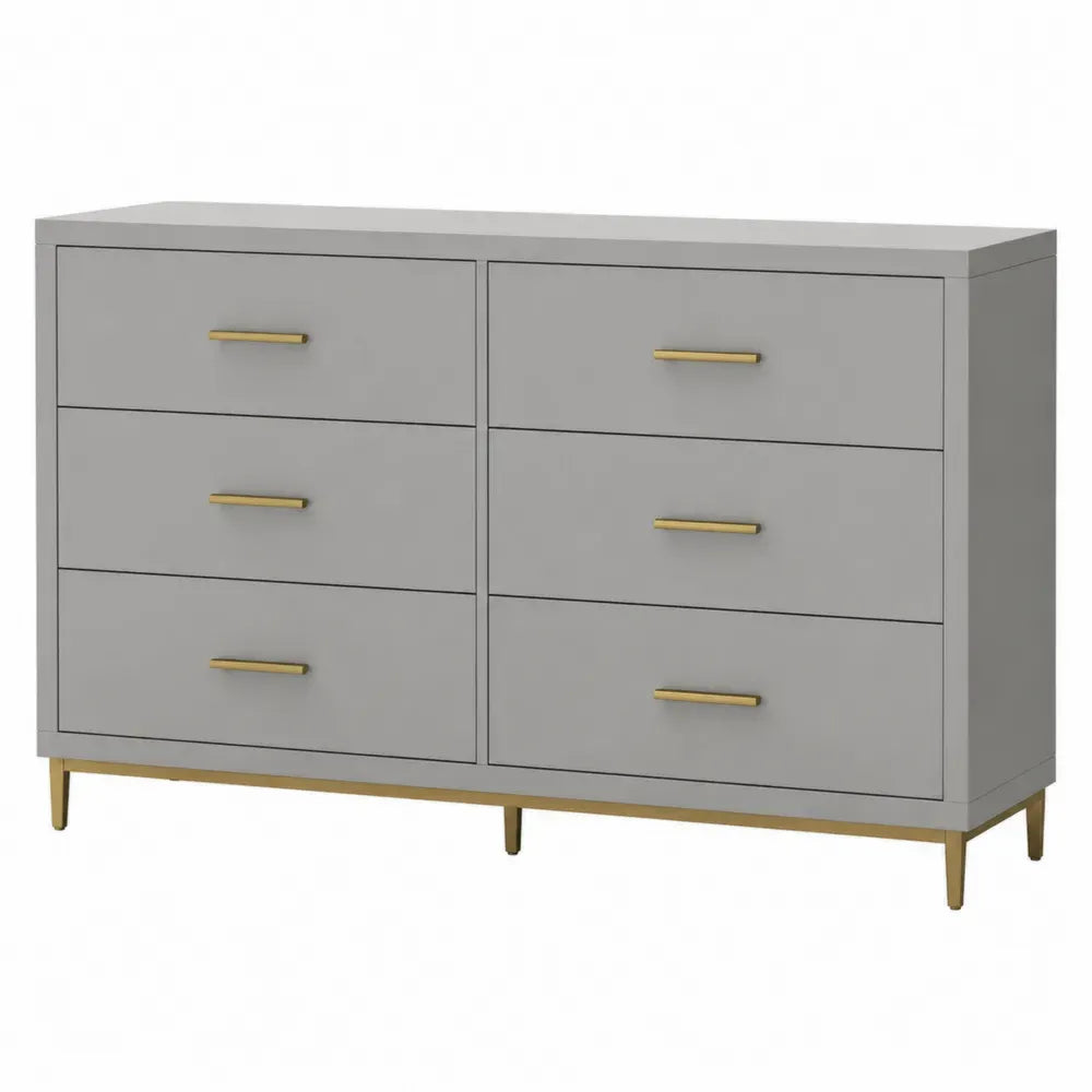 Cómoda de MDF gris con 6 cajones tiradores metálicos dorados 140 x 40 x 75 cm estructura rectangular