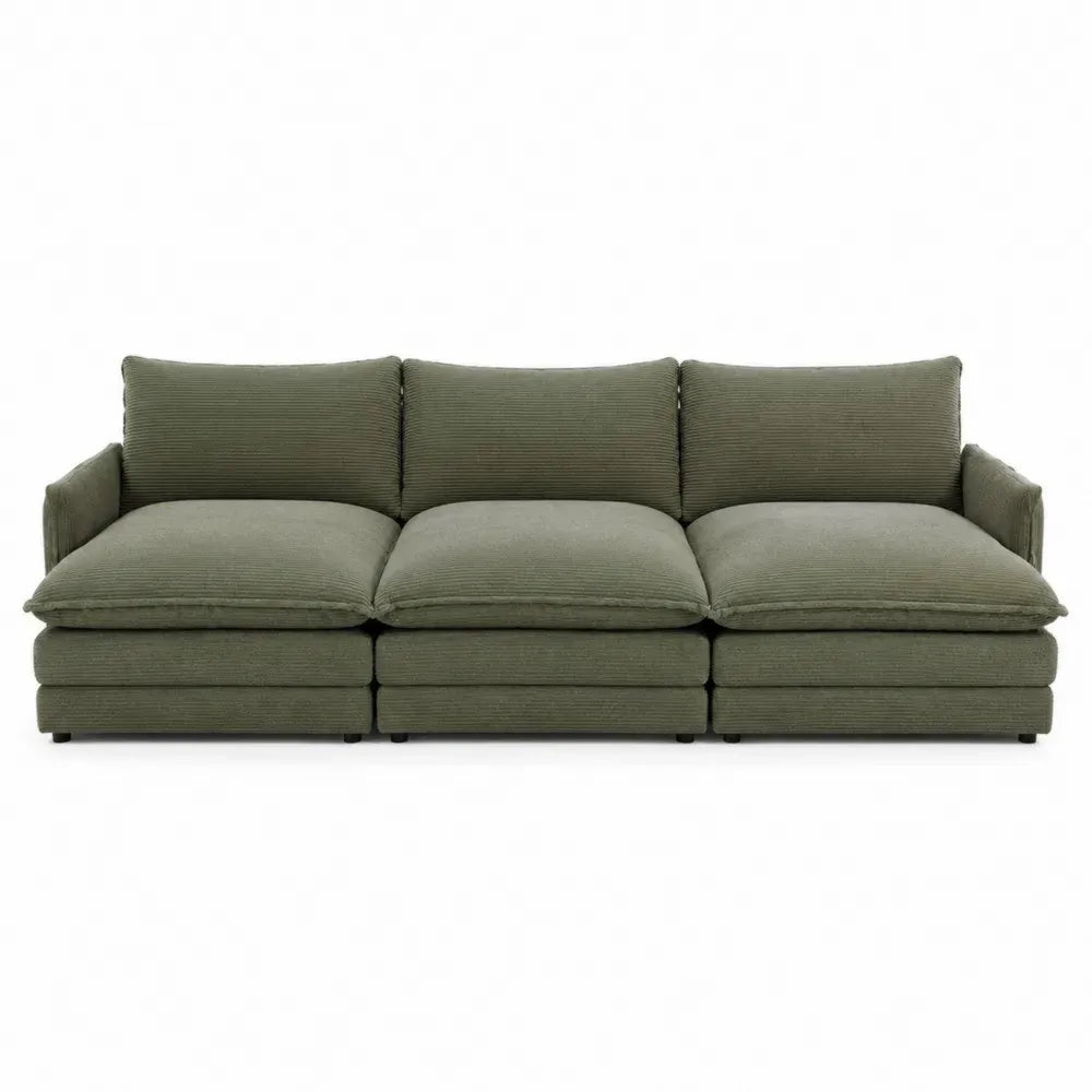 sofá de salón 3 plazas 220 cm largo 95 cm ancho 85 cm alto tapizado en tejido de pana verde oliva estructura de madera maciza asiento acolchado diseño modular