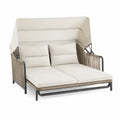 sofá cama de exterior con dos plazas estructura de aluminio y ratán sintético con toldo retráctil y cojines beige 200 cm 140 cm 160 cm