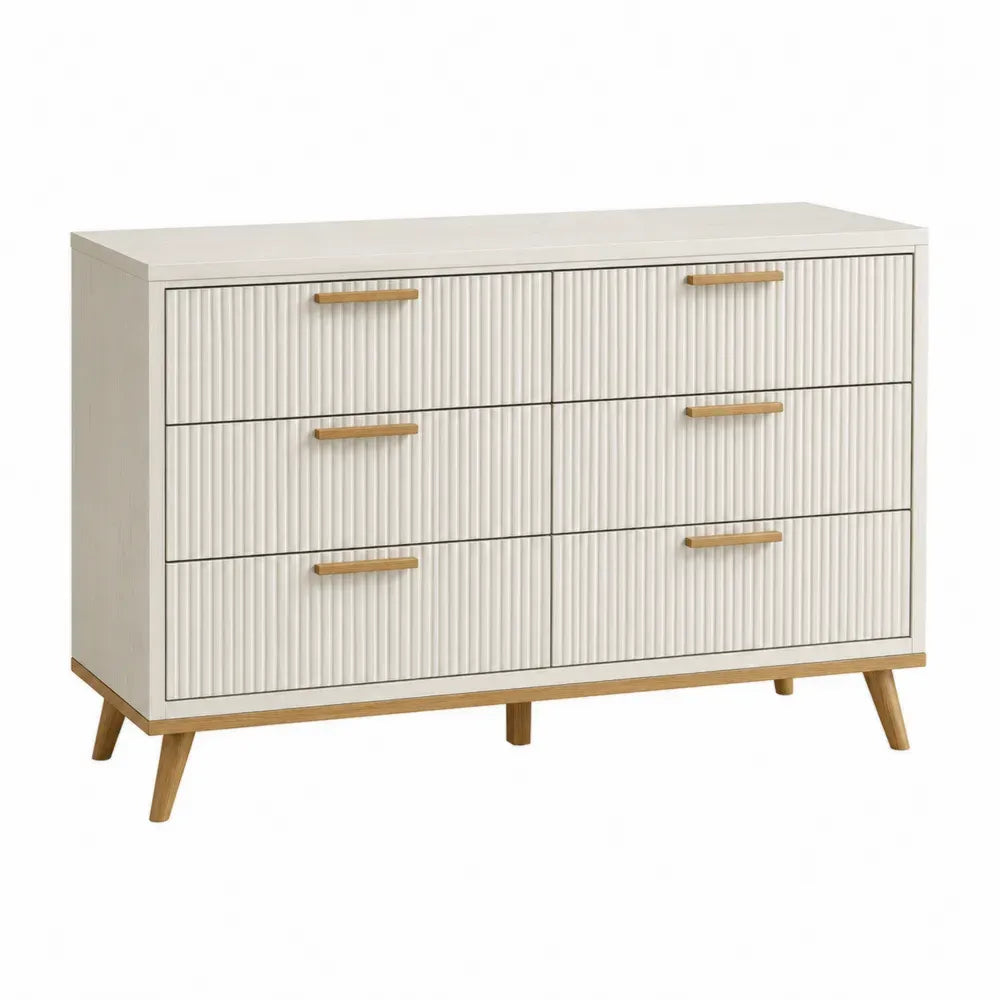 Cómoda rectangular con 6 cajones MDF blanco roto y tiradores de madera natural 140 x 40 x 75 cm