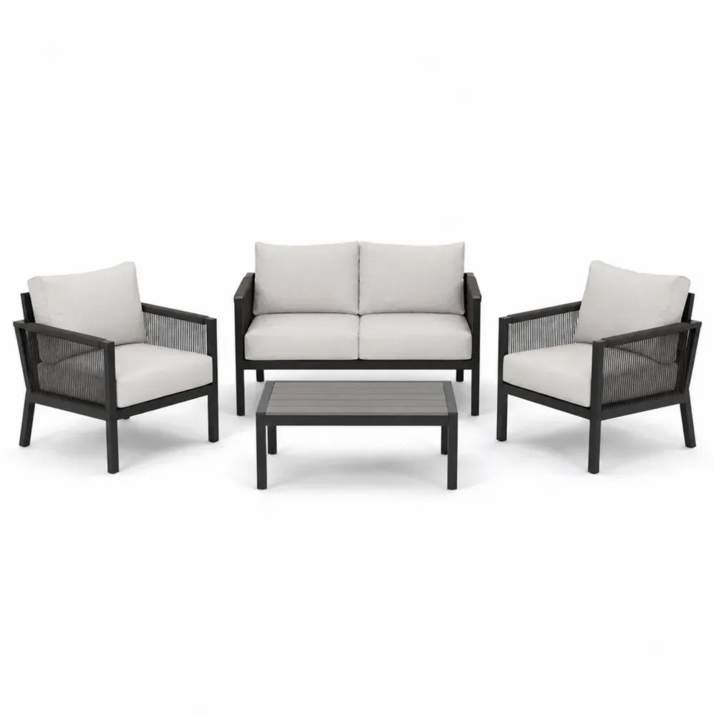 conjunto de muebles de exterior 4 piezas sofá de 2 plazas 2 sillones y mesa auxiliar estructura de aluminio cuerda trenzada color negro y gris claro