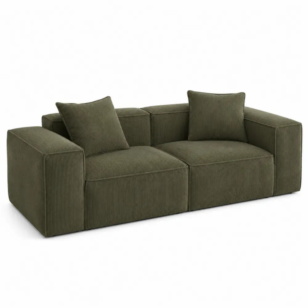 sofá de 2 plazas tapizado en tejido de poliéster tipo pana acanalada verde oliva con brazos rectos y cojines sueltos 240 x 100 x 75 cm