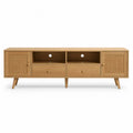mueble de TV madera MDF chapa de roble natural con puertas ranuradas cajones y estante abierto 160 cm 40 cm 50 cm