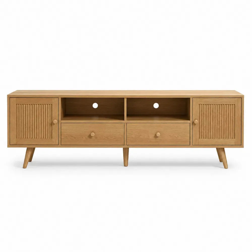 mueble de TV madera MDF chapa de roble natural con puertas ranuradas cajones y estante abierto 160 cm 40 cm 50 cm
