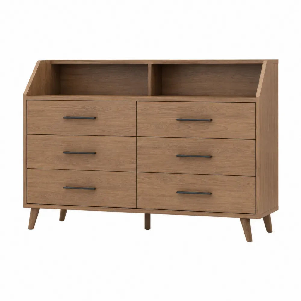 Cómoda de dormitorio de madera efecto roble natural con 6 cajones tiradores metálicos oscuros 140 x 40 x 80 cm estructura rectangular