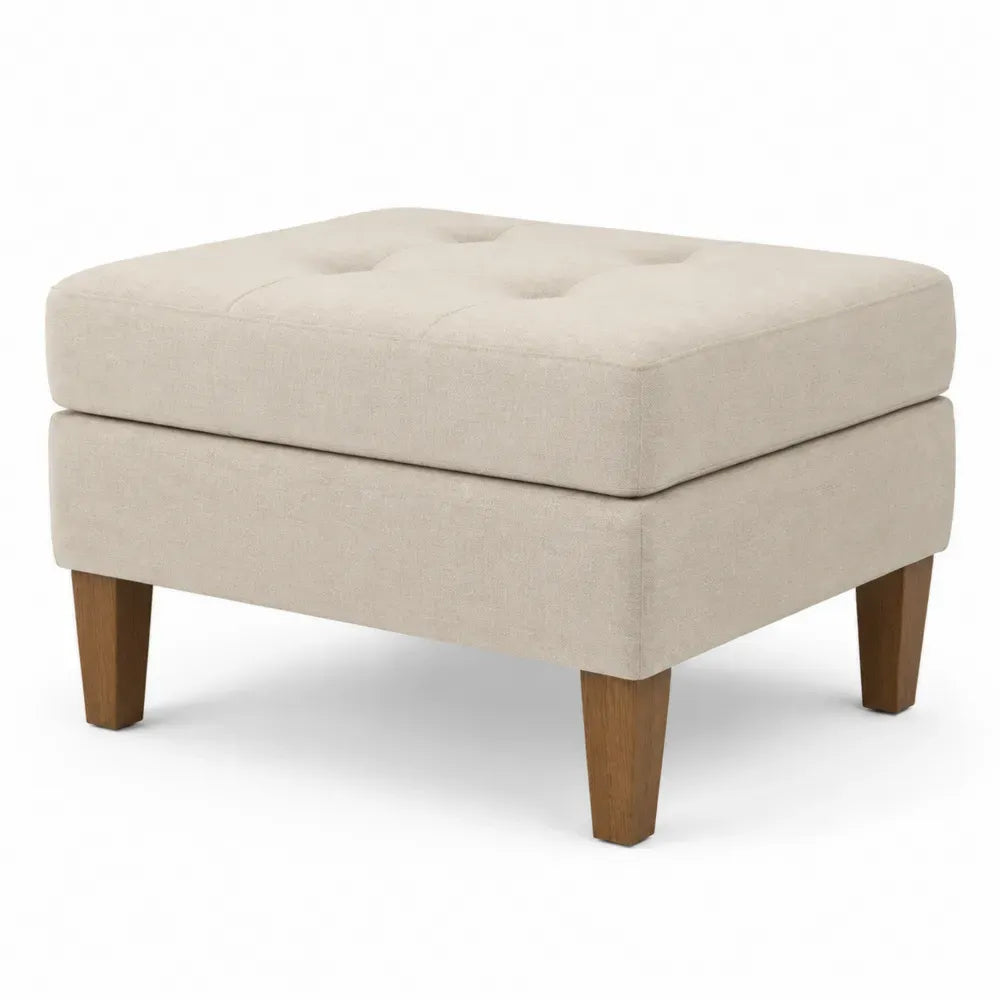 reposapiés otomano cuadrado tapizado tejido beige con patas de madera maciza estructura MDF estilo moderno