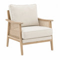 Silla butaca tapizada en tejido bouclé color crema con estructura de madera y laterales de ratán natural 1 plaza estilo moderno 80 x 78 x 85 cm