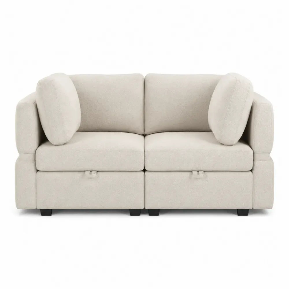 sofá modular de 2 plazas tapizado en bouclé crema claro con almacenamiento bajo asiento cojines desmontables y patas negras 180 x 95 x 85 cm