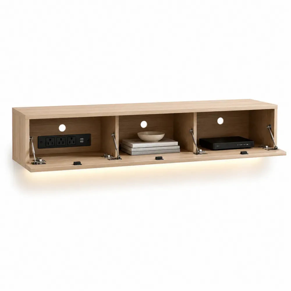 mueble para TV de 180 cm largo 35 cm ancho 30 cm alto en MDF con chapa de roble claro almacenamiento multimedia con enchufe integrado puertas abatibles