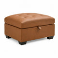 reposapiés baúl tapizado en cuero sintético PU marrón camel 70 cm largo 70 cm ancho 40 cm alto con almacenaje y patas de madera maciza base baja