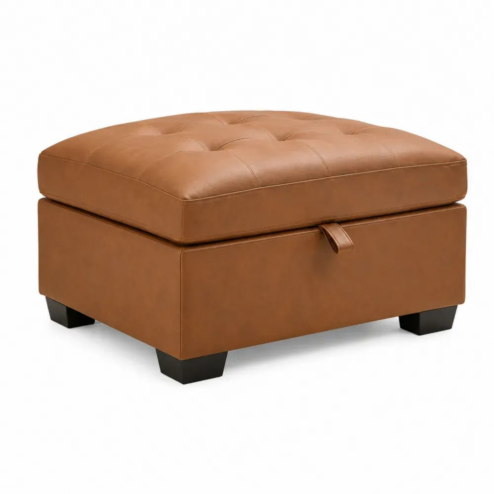 reposapiés baúl tapizado en cuero sintético PU marrón camel 70 cm largo 70 cm ancho 40 cm alto con almacenaje y patas de madera maciza base baja