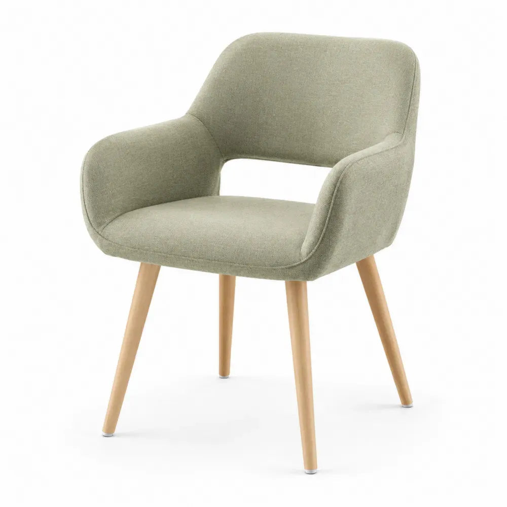 Silla de comedor tapizada en tejido de poliéster verde oliva con patas de madera maciza de haya 55 x 60 x 82 cm