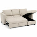 sofá esquinero en L con chaise longue y arcón de almacenamiento tejido poliéster beige claro 260 cm 160 cm 85 cm estructura madera maciza MDF 4 plazas
