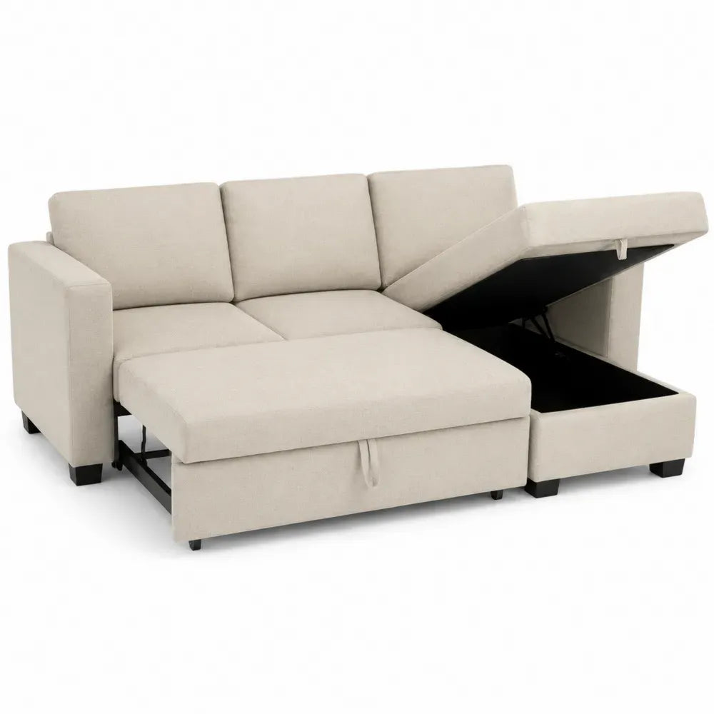 sofá esquinero en L con chaise longue y arcón de almacenamiento tejido poliéster beige claro 260 cm 160 cm 85 cm estructura madera maciza MDF 4 plazas