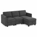 sofá modular en L de 3 plazas tapizado en tejido de poliéster acanalado gris oscuro con chaise longue almacenamiento y patas negras 240 x 150 x 85 cm