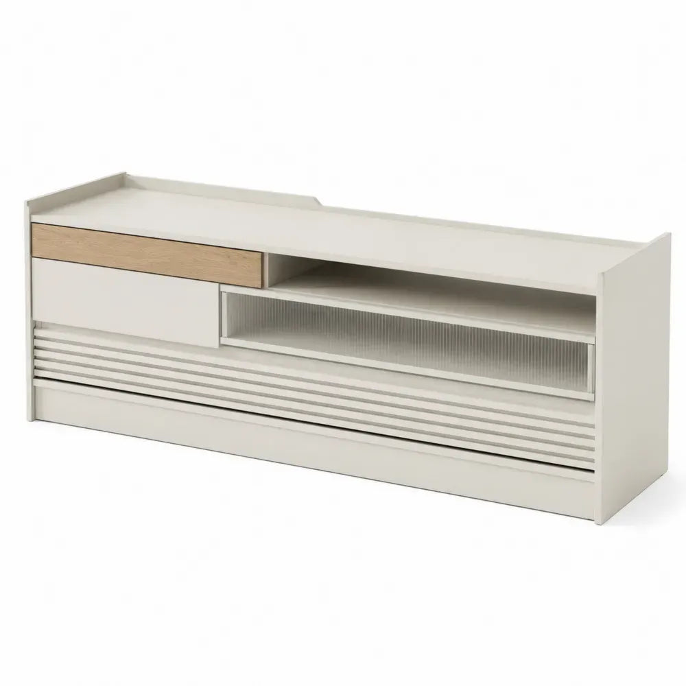 mueble para TV rectangular de MDF blanco crema y roble claro con panel estriado y compartimentos abiertos 180 x 40 x 45 cm
